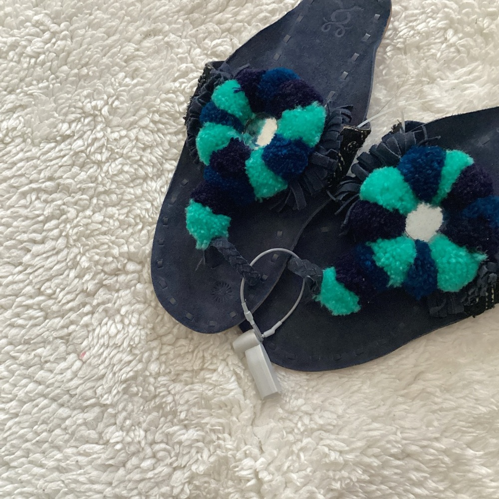 Women’s Navy Slide Slippers with Teal Pom Detail